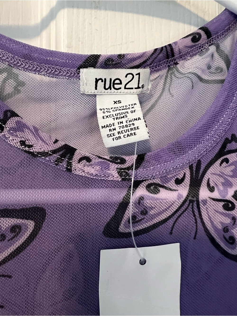 VTG Y2K Purple Butterfly Print Sheer Mesh Crop Top Baby Tee XS Festival Fairy - Picture 2 of 8